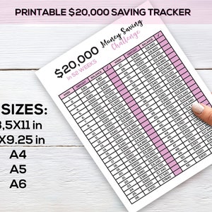 20k Saving Challenge, Save 20 000 dollars in 52 weeks, Printable 20k Savings Challenge