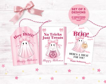 Etiquetas de presente de Halloween Coquette para imprimir, etiquetas de lembrancinha assustadoras em tons pastel, etiquetas de Halloween com fantasmas rosa