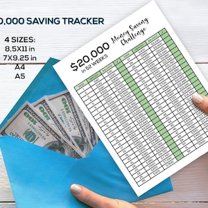 20K Saving Challenge, Save 20 000 dollars in 52 weeks, Printable 20k Savings Challenge