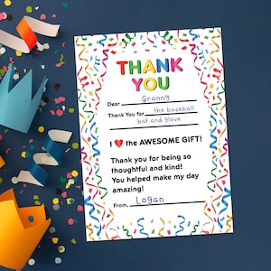 Druckbare Dankeskarten für Kinder, Füllen Sie die Lücken aus, Dankesnotizen, Bunte Konfetti-Dankeskarten, Geburtstags-Dankesnotizen