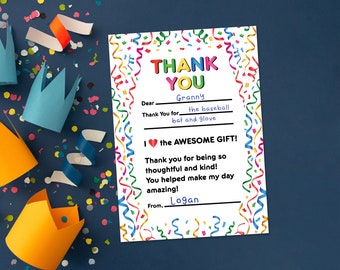 May include: A colorful thank you card with confetti and streamers. The card says "Thank You" and has a space to write the name of the recipient. The card also has a space to write what the gift was and a space for the sender to sign their name.