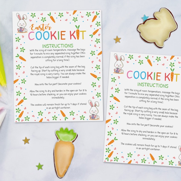 Easter DIY Cookie Kit Instructions Card, Easter Royal Icing DIY Cookie Card, Bunny Cookie Decorating Instructions Printable Card