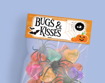 Bugs and Kisses Halloween Treat Bags, Halloween Favor Tags, Kids Halloween Gift Tags, Trick or Treat Tags, Halloween Classroom Bag Topper