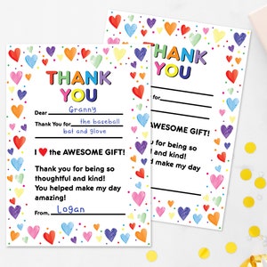 Tarjetas de agradecimiento imprimibles para niños, completar los espacios en blanco, notas de agradecimiento, tarjetas de agradecimiento de corazones de colores del arco iris