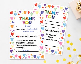 Printable Thank You Cards for Kids, Fill in the Blanks, Thank you Notes, Colorful Rainbow Hearts Thank You Cards