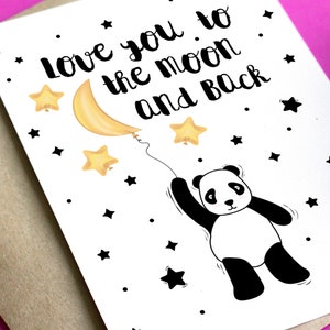 Carte Panda mignonne imprimable, carte Je t'aime jusqu'à la lune et au dos, carte de Saint-Valentin des enfants, carte pour maman et papa de bébé