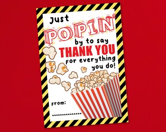 Popcorn Gift Tag Printable, Just Poppin by to say Thank you gift tag, Employee Appreciation Gift, Teacher Christmas Gift Tag Printable