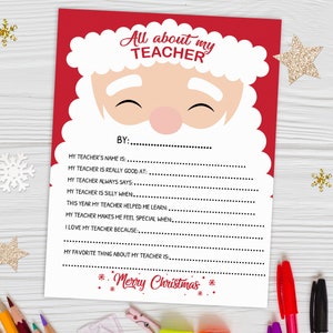 Questionário para impressão de Natal para professores, Pesquisa com professores, Conheça o professor, Presente de Natal para professores, Imprimíveis de Natal