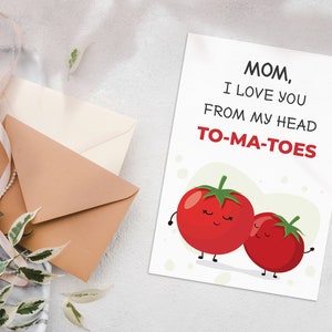 Kocham Cię Z Mojej Głowy Pomidory, Kartka na Dzień Matki, Karty z kalamburami dla mamy, Najlepsza mama na świecie, Wydrukowane karty dla mamy, Zabawna karta z kalamburami