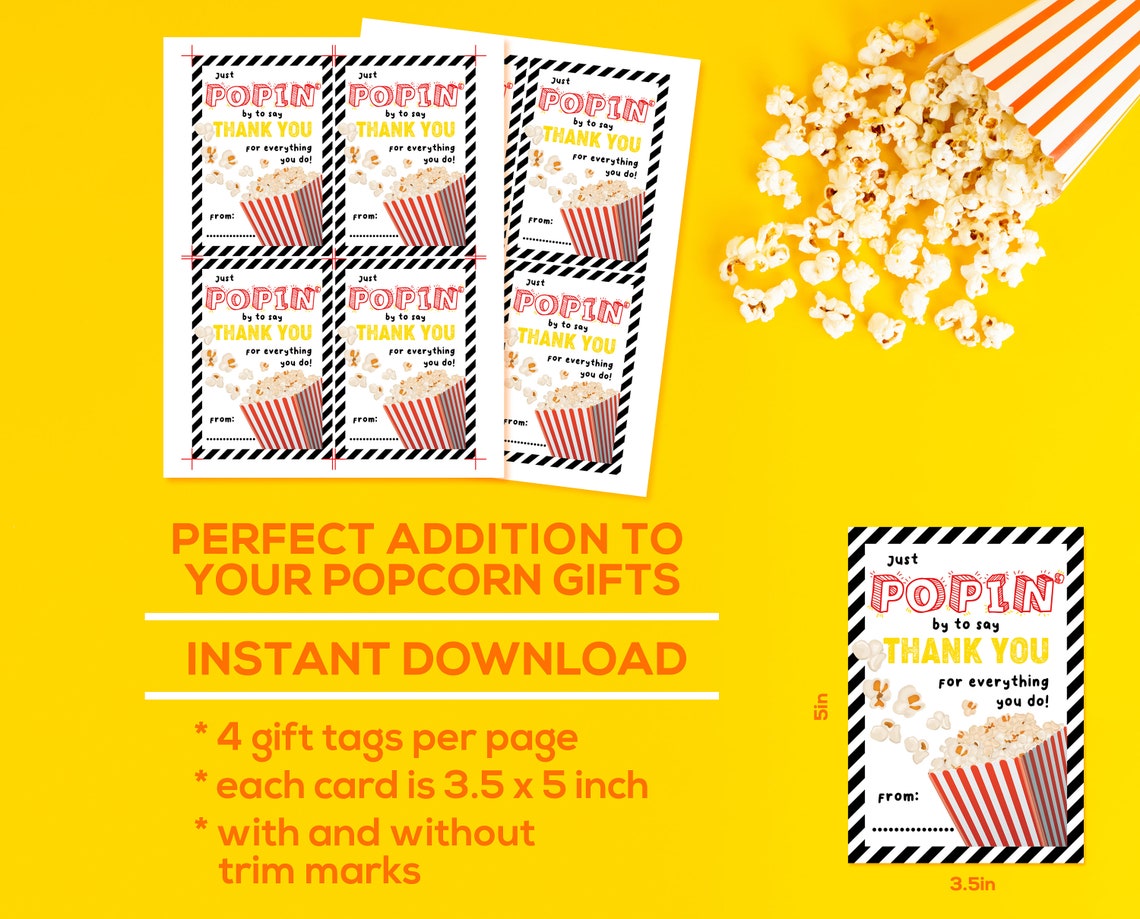 Popcorn Gift Tag Printable Just Poppin by to Say Thank You Etsy