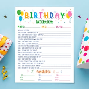 Kids Birthday Interview, All About Me Questionnaire, Birthday Keepsake, Time Capsule, Kids Activity, Bday Questions For Kids, Birthday Form