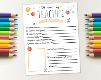 All About My Teacher Printable Questionnaire, Teacher Survey, Get to know the Teacher