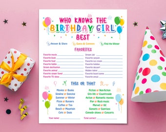 Birthday Girl Trivia Quiz Game, Printable Birthday Activity (PDF, JPG)