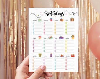 Birthday Tracker Printable, Colorful Birthday Calendar (PDF)