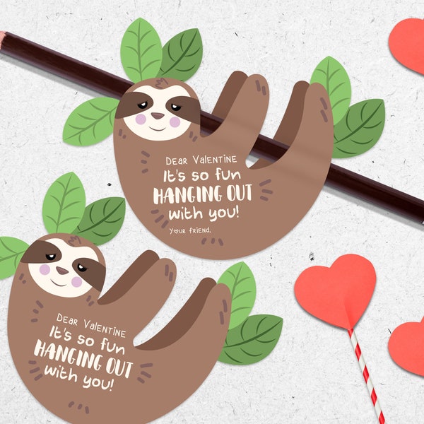 Classroom Valentines, Sloth Pencil Holder Card, Kids Valentines Cards, Sloth Kids Valentine Gift Tag, Printable Valentines for Kids