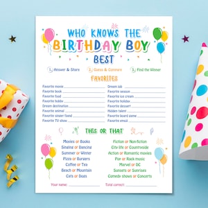 May include: A printable game for a birthday party. The game is called "Who Knows the Birthday Boy Best?" and has three sections: Answer & Share, Guess & Compare, and Find the Winner. The game asks questions about the birthday boy's favorite things, such as his favorite movie, book, food, hobby, and dream job.