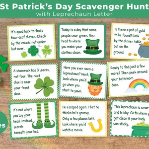 Búsqueda del tesoro del día de San Patricio para niños, tarjetas de pistas de trampas de duendes, juegos imprimibles del día de San Patricio, actividad de búsqueda del tesoro de duendes