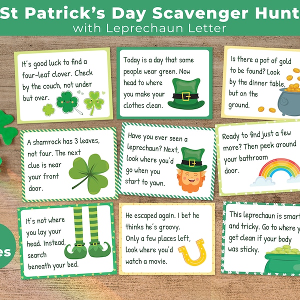 Kids St Patricks Day Scavenger Hunt, Leprechaun Trap Clue Cards, St Pattys Day Printable Games, Leprechaun Treasure Hunt Activity