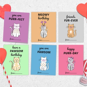 Cat Birthday Cards Set of 6, Kids Happy Birthday Cards with Cute Cats, Cat pun cards, Kitty Cards, INSTANT DOWNLOAD