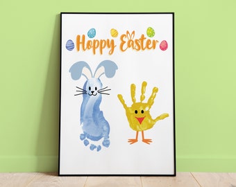 Art de l'empreinte de main de poussin de lapin, joyeuses Pâques, créations d'empreintes de pas pour enfants, bébé, tout-petit, travaux manuels d'âge préscolaire, ma première Pâques, souvenir souvenir