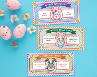 Imprimables lapins de Pâques, argent fictif de Pâques, chasse aux œufs de Pâques et coupons de chasse au trésor de Pâques