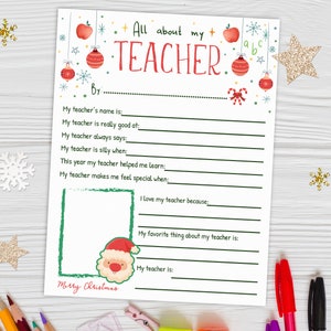 Todo sobre mi maestro (imprimible de Navidad), Cuestionario de agradecimiento al maestro, Encuesta de agradecimiento al maestro (imprimible), Regalo de Navidad para el maestro