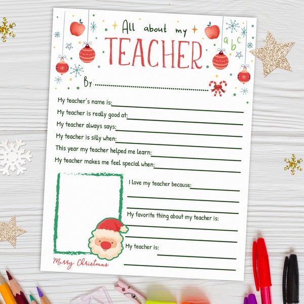 All About My Teacher Christmas Printable, Teacher Appreciation Questionnaire, Teacher Appreciation Printable Survey, Christmas gift Teacher