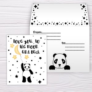Eu te amo até a lua e de volta, cartão de aniversário para a avó, cartão do primeiro dia das mães, cartão de panda fofo para impressão