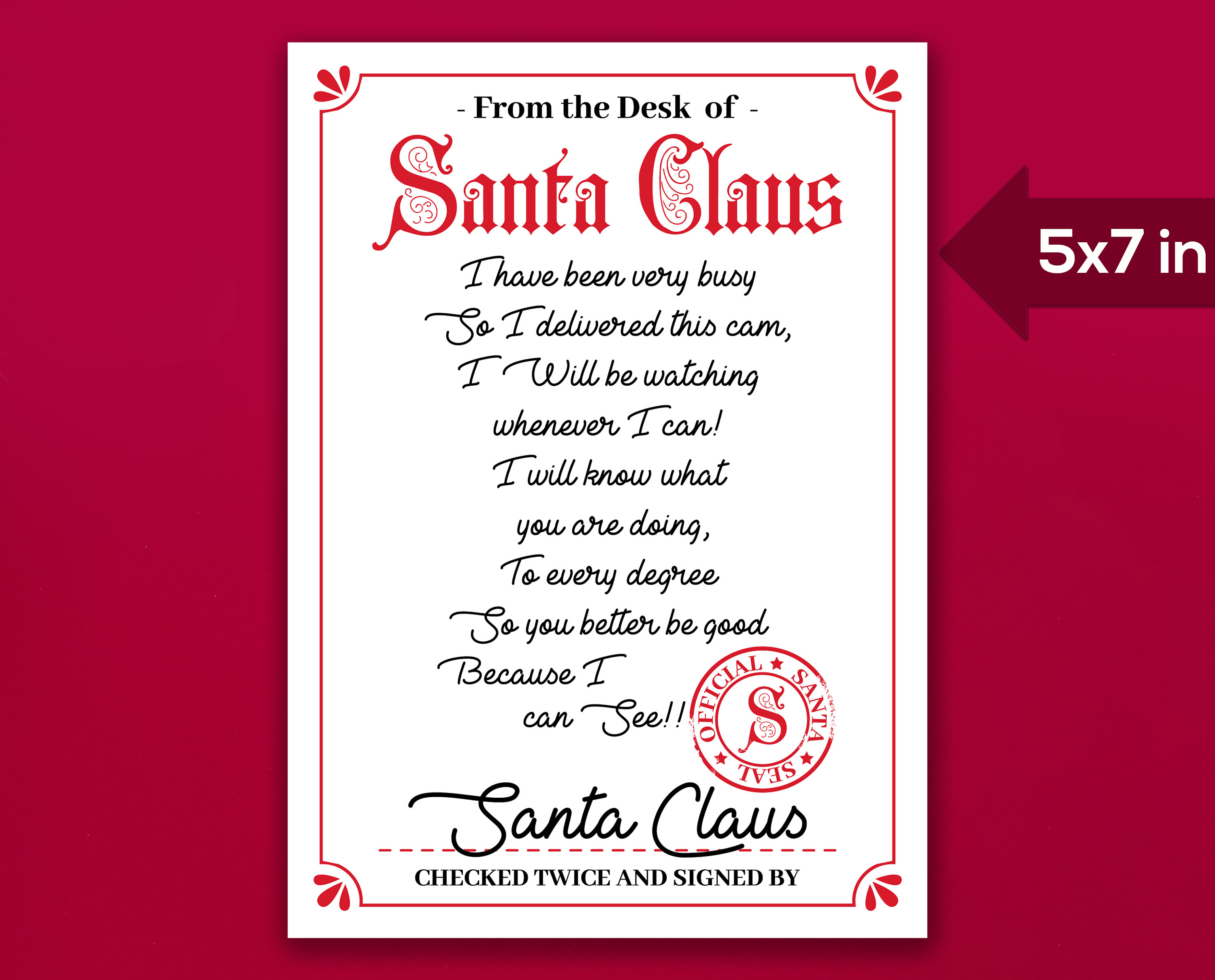 santa cam letter, 5x7 printable sign (digital download) - etsy