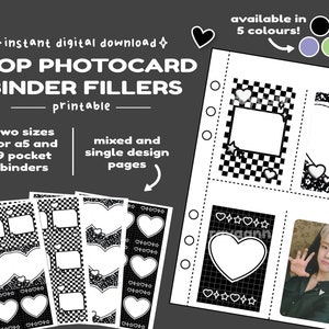 Könnte beinhalten: Druckbare KPOP-Fotokarten-Ordner-Füller in Schwarz und Weiß, mit Herz- und Schachbrettmustern. Das Bild zeigt Seiten mit Platz für Fotos, erhältlich in zwei Größen für A5- und 9-Taschen-Ordner. Der Text lautet "sofortiger digitaler Download".