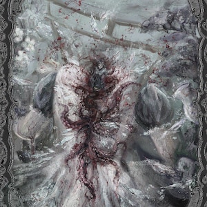 Può includere: Un dipinto astratto con un tema gotico oscuro. L'opera presenta una figura centrale con tentacoli rosso scuro e spruzzi di rosso, su uno sfondo di toni grigi e bianchi. Il dipinto ha uno stile strutturato e pittorico.