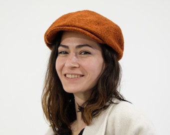 Handmade Rust Winter Newsboy Cap - Unisex Cotton-Lined Gatsby Hat