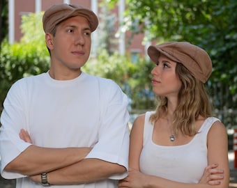 Beige Linen Newsboy Cap: Unisex Vintage Style Gatsby Hat