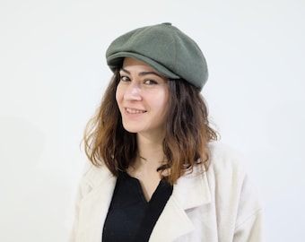 Handmade Khaki Green Wool Newsboy Cap - Unisex Gatsby Hat