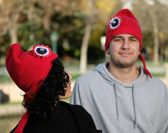 Warm and Cozy Red Polar Beanie inspired Phrygian Cap Beanie: Men's and Women's Slouchy Hat with French cockade. Adjustable size. Unisex cap.