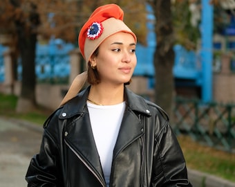 Slouchy Fleece Phrygian Cap: Orange & Beige Revolutionary Hat with French Cockade
