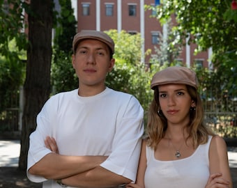 Beige Linen Flat Cap: Handmade Unisex Gatsby Newsboy Hat