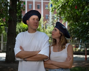 Handmade Denim Beret with Linen Panels: French Artist Style