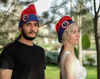 Handmade Red and Blue Phrygian Cap with French Cockade - Unique Cotton Beanie