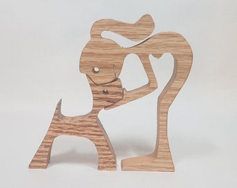Young lady and Dog Standing, Hand Made of Solid Oak in Gift Box, Anniversary Gift, Birthday Present, Christmas Present, Xm