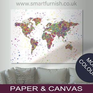 May include: A large canvas print with a world map design made of colourful paint splatters. The map is set against a white background. The words "MORE COLOURS" and "PAPER & CANVAS" are displayed on the image.