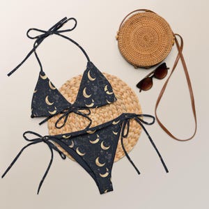Funny Cat Print Bikini – Moon Phase Swimsuit with Black Cats, Witchy Pastel Swimwear, Starry Sky Gothic Bikini