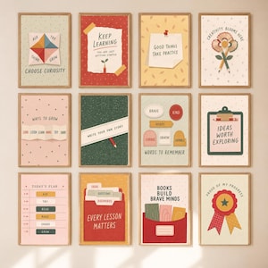 May include: A set of twelve framed wall art prints featuring educational and motivational themes. Each print displays colorful illustrations of stationery, paper notes, and inspirational text such as Keep Learning, Good Things Take Practice, and Books Build Brave Minds, arranged in a grid of three rows and four columns.
