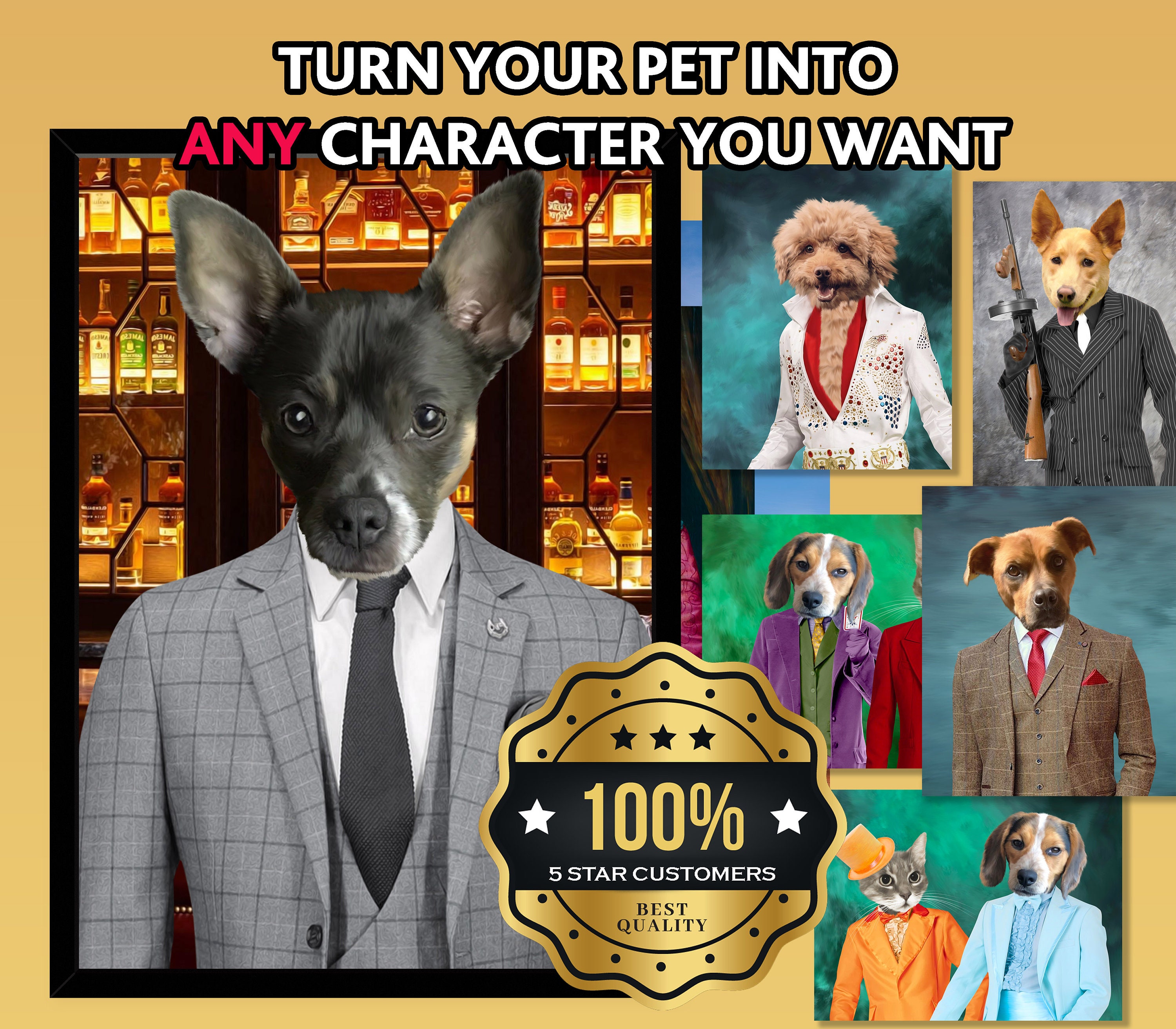 Custom Gentleman Suit Pet Portrait Framed Poster, Unique Customized Cat Present,Funny Movie Lover Christmas Gift,TV Show Book Fan Dog Owner