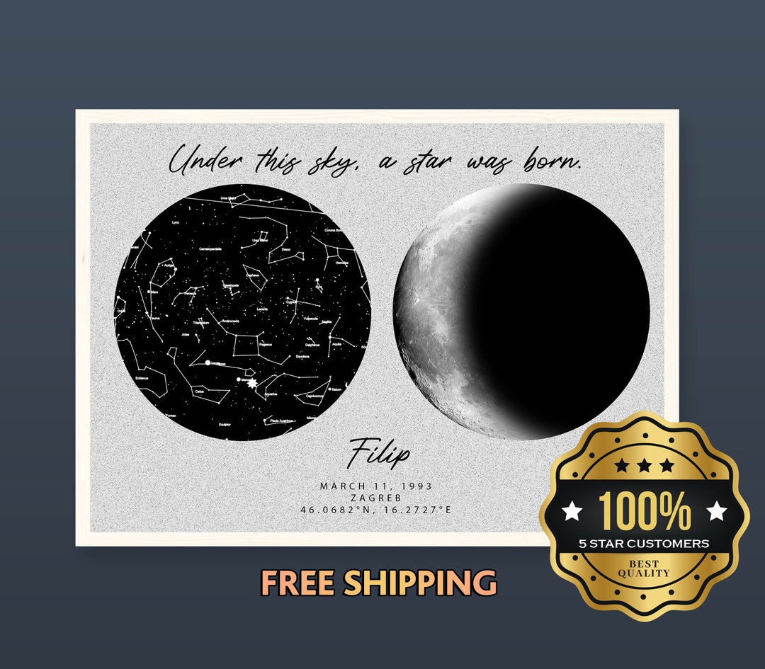 2 in 1 Custom Moon Phases and Star Map, Personalized Lunar Cycle on ...