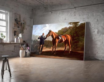 Puede incluir: Una pintura de un hombre con traje de pie junto a un caballo marrón con una silla de montar. El caballo está en un campo con hierba verde y árboles en el fondo.