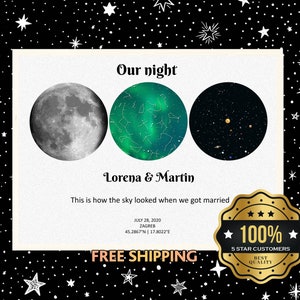 Phases de lune personnalisées 3 en 1, carte des étoiles et planètes, cycle lunaire personnalisé, affiche encadrée comme cadeau d'anniversaire ou de mariage, naissance d'enfants