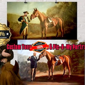 Retrato engraçado de Napoleão e Pie O My Racing Horse PERSONALIZADO, presente de homem para ele, tela e pôster emoldurado, decoração de parede personalizada do melhor amigo