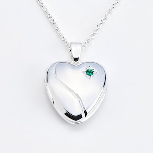 Kids Emerald Silver Locket With Picture and Magnetic Clasp, May Birthday Gifts For Girls, Heart Shaped Charm Pendant With Green Gemstone