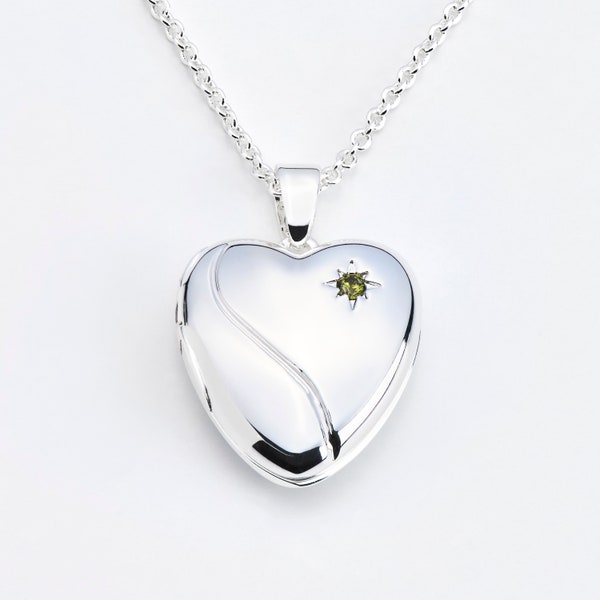 August Peridot Birthstone Locket - Kids Heart Shaped Silver Locket